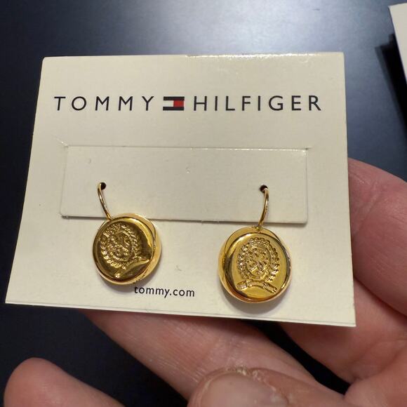 NWT Tommy Hilfiger Gold and Silver Tone Logo Drop Earrings - Picture 6 of 6